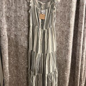 Blu Pepper Ruffled Striped Maxi Dress in Gray and Cream